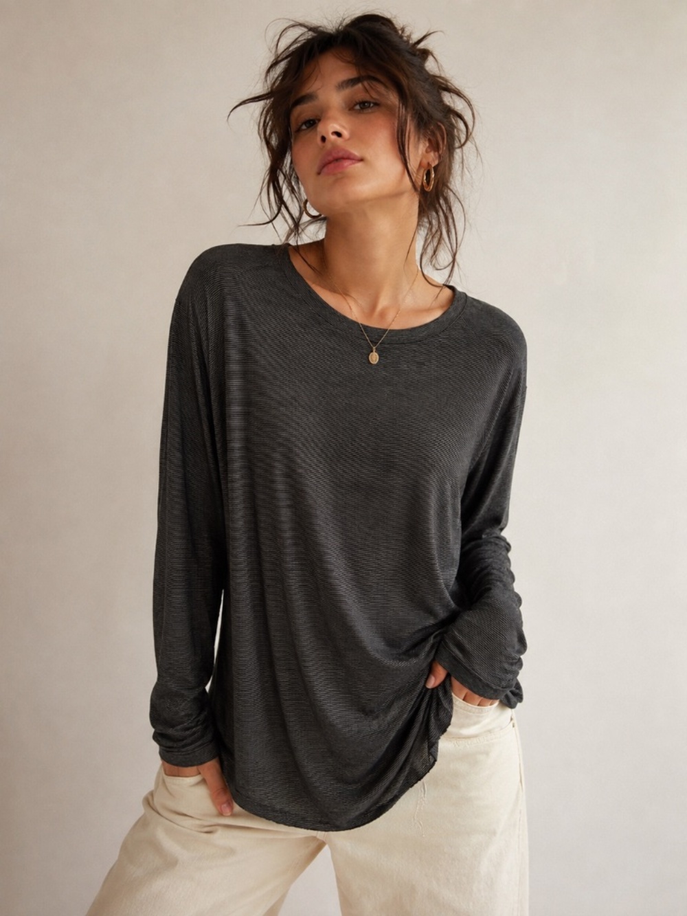 Halogen Black Gray Micro Stripe Layered Hem Long Sleeve Top L | indie soft dark